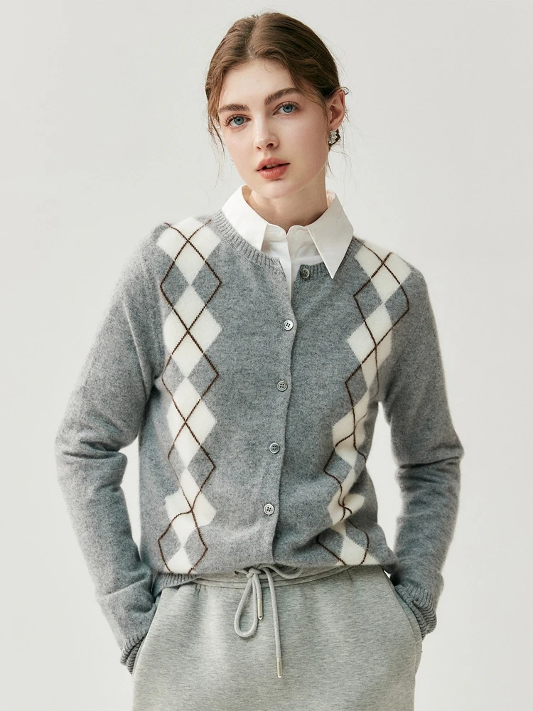 

100% Cashmere Sweater Women O-neck Cardigan Autumn Winter Retro Argyle Classic Long Sleeve Soft Cashmere Knitwear Clothing Tops