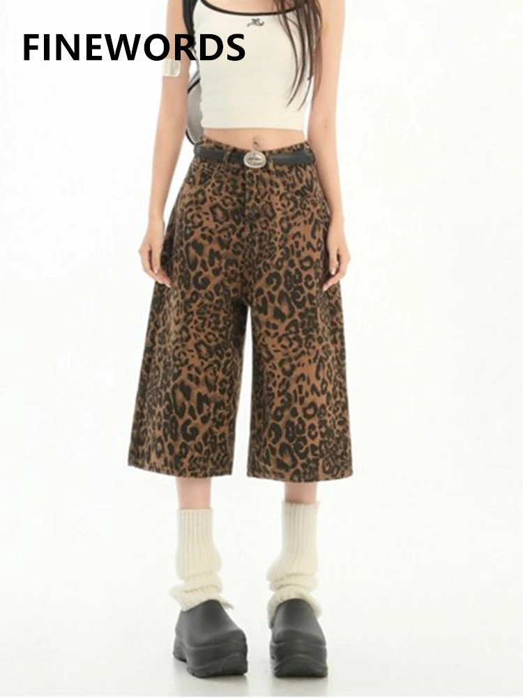 FINEWORDS High Waist Retro Leopard Print Short Jeans Women Korean Summer Wide Leg Denim Shorts Loose Y2K Casual Middle Shorts