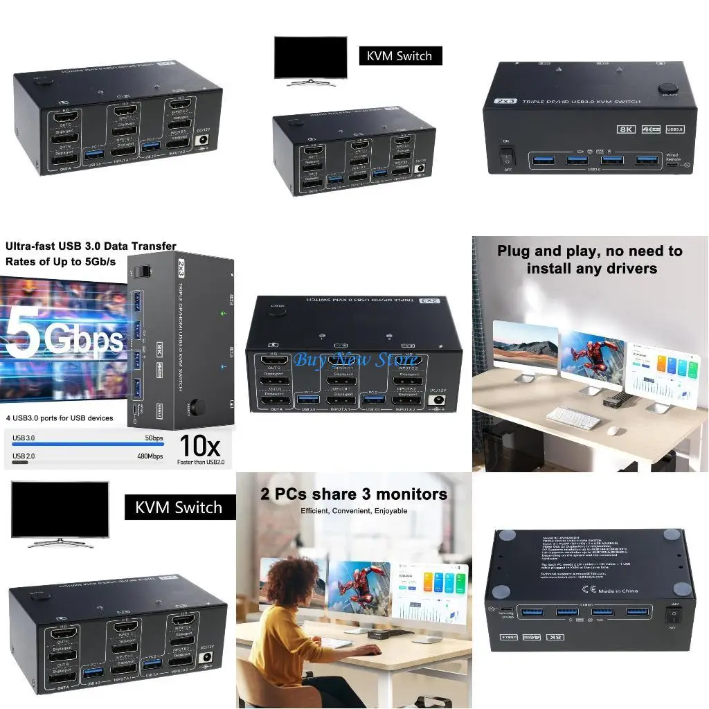 

20CE High Resolution HDTV KVM Switcher for 3Monitors 2PC 4 Usb3.0 Hubs