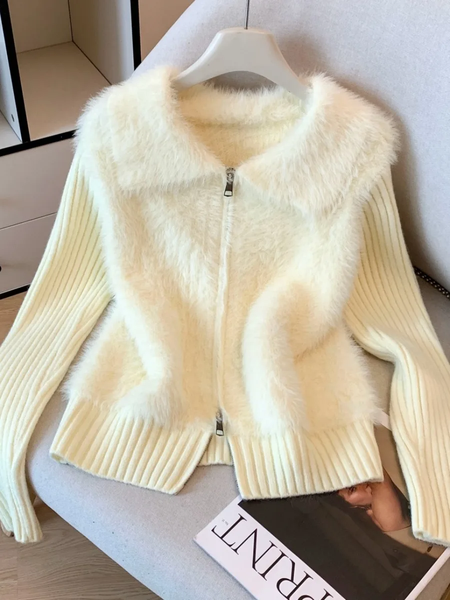 Water Rabbit Fur Jaet Women's Autumn Winter New Sle Double Zipper Open Cardigan Turn-down Collar Sweater Korean Sle Sli...