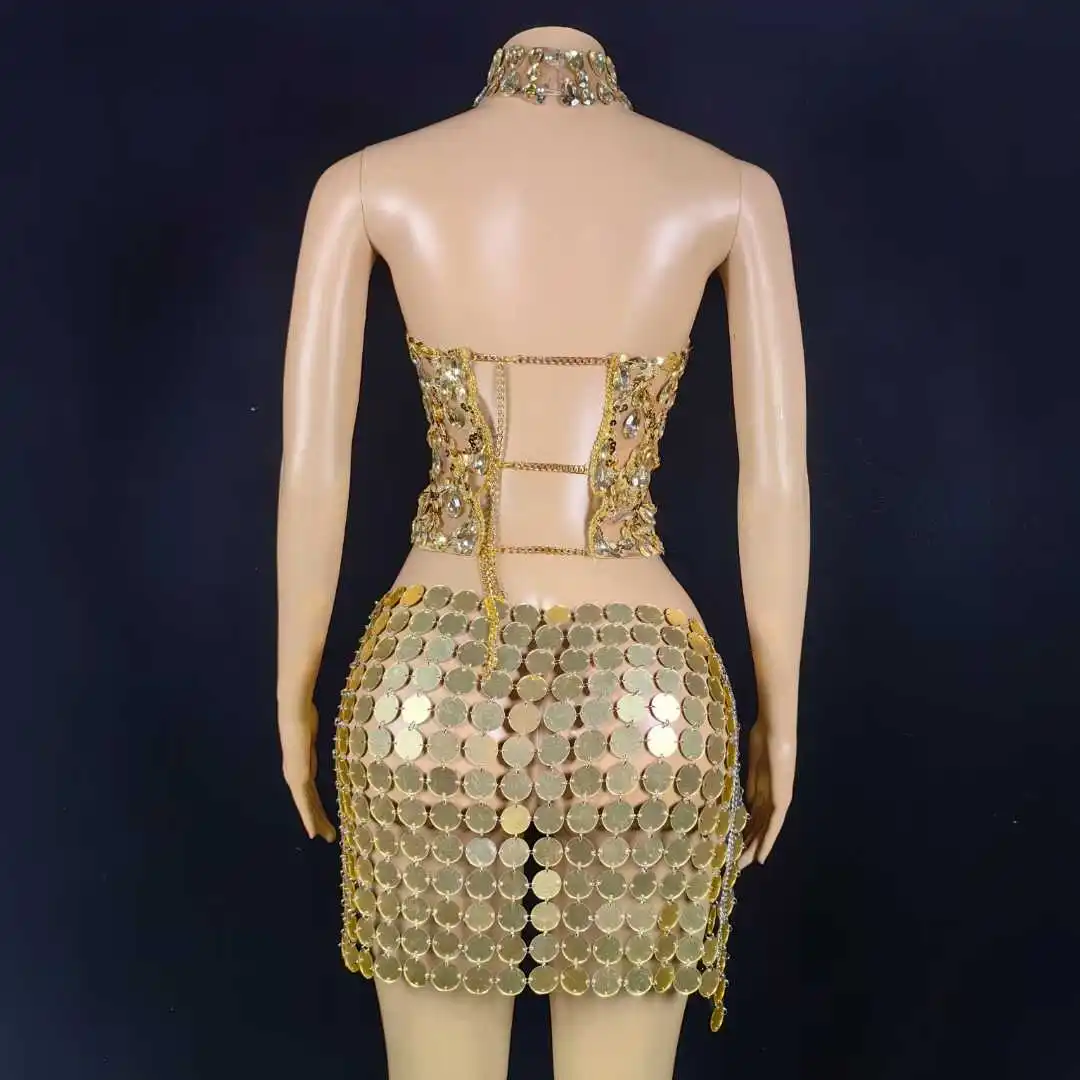 Złote, bezrękawnikowe komplety 2-częściowe: top i spódnica z cekinami dla kobiet, błyszczące, seksowne stroje na urodziny, imprezy, wieczorne wyjścia i do klubu nocnego.