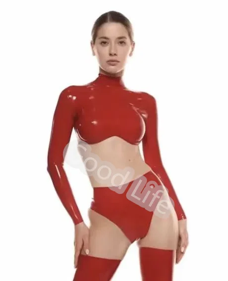 

Handmade Natural Latex Woman Long Sleeve Top Brief and Stocking Outfit Woman Sexy Red Bodysuit