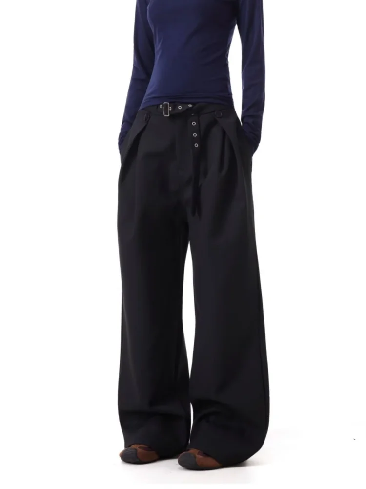 2025 tendencia Y2K estilo marrón plisado holgado Casual traje de mujer pantalones para mujer ropa de pierna ancha parte inferior recta pantalones largos