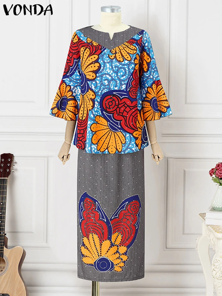 

Plus Size VONDA Women Sets 2025 Fashion Suit 3/4 Flare Sleeve Floral Printed Tops And Elastic Waist Maxi Skirts 2Pcs Sets