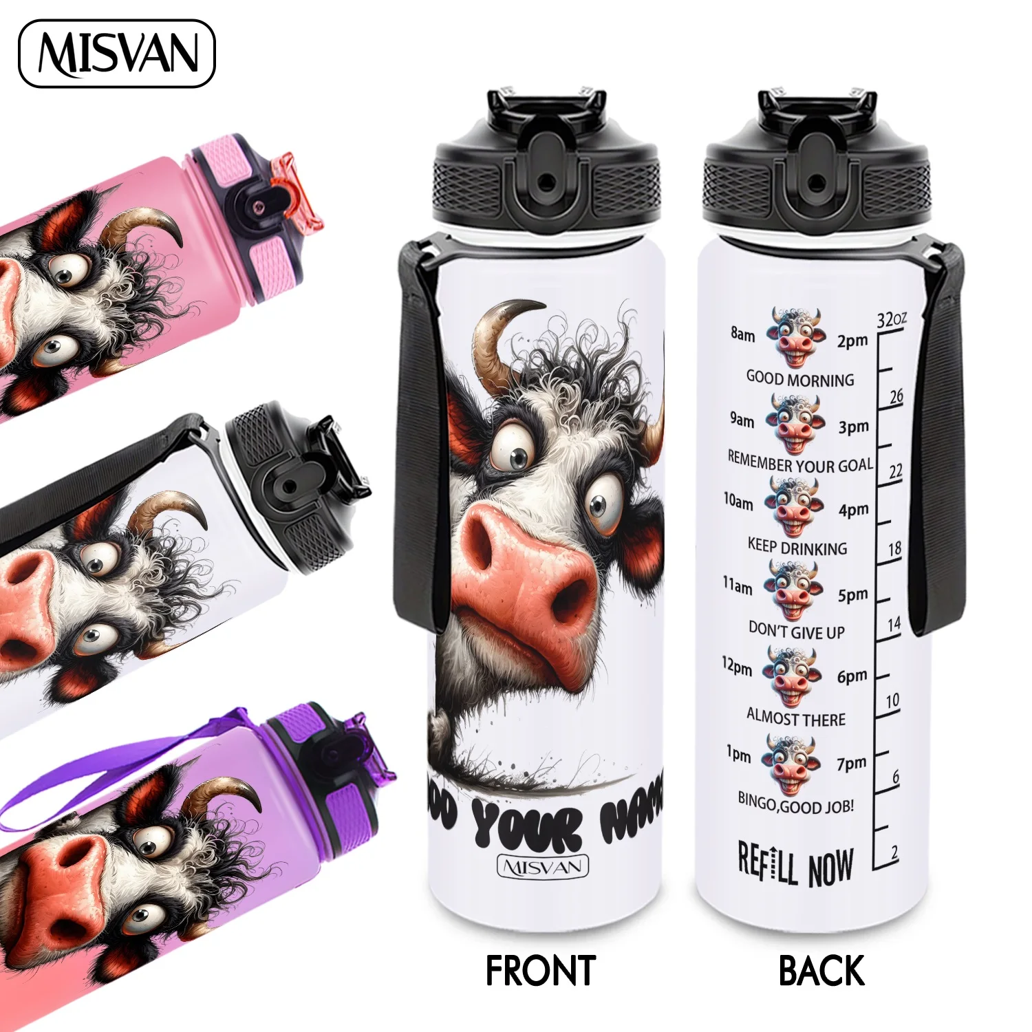 

Бутылка для воды 32 унции с индивидуальной гравировкой, забавный дизайн с коровкой, трекер ежедневного увлажнения, для спортзала, активного отдыха и велоспорта.