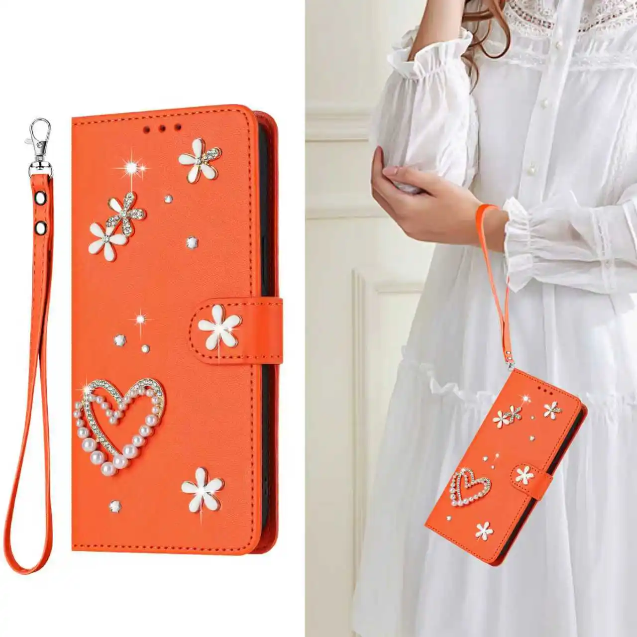 Bling Pearl Heart Flower Flip Wallet Case For OPPO A58 A57 A57E A56 A55 A54 A52 A40 A38 A36 A18 Phone Cover 3 Cards Slot Coque