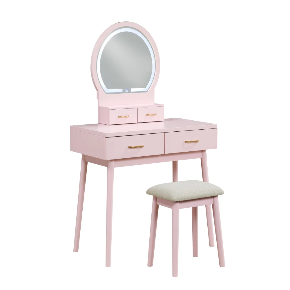 

Beautiful Pink Finish Vanity Dresser with Mirror and Stool Set Storage Drawers Bedroom Furniture 1pc