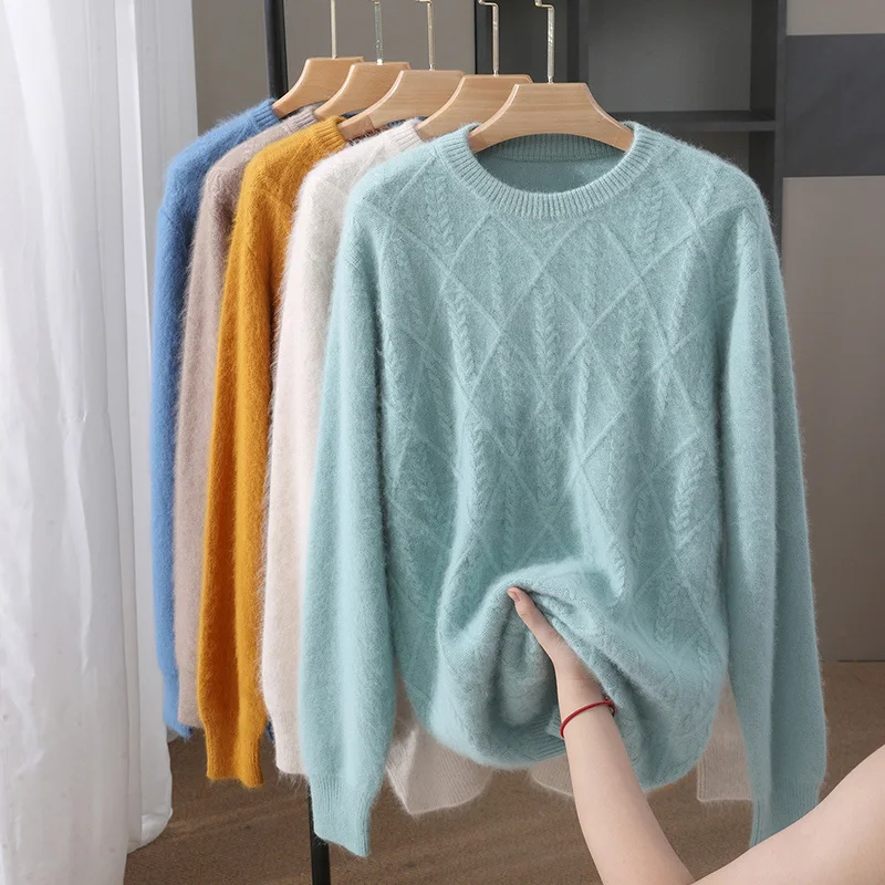 Autumn And Winter Mink Cashmere Sweater Men's Round Neck Thick Sweater Color Matching Business Jacquard Knit Bottoming Shirt