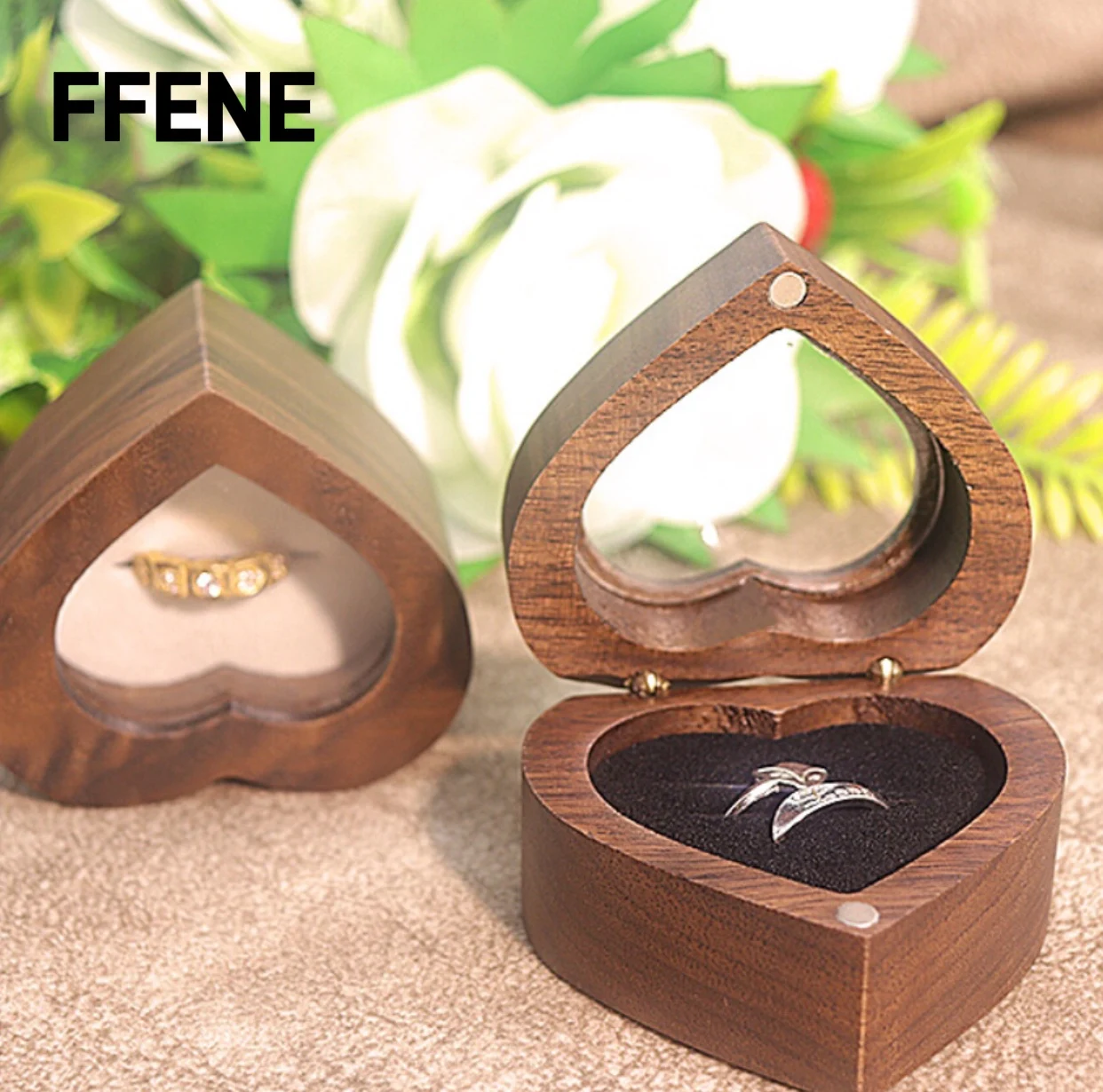 

Black walnut window heart-shaped engagement ring box, high-end, solid wood, diamond ring, jewelry box, proposal ring box