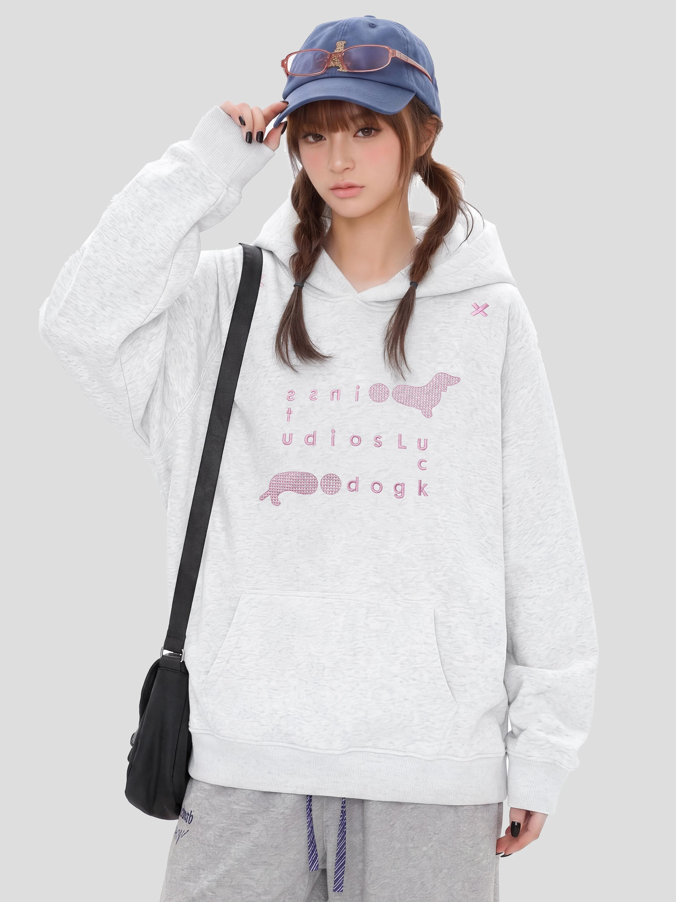 INSstudios American Retro Sausage Dog Embroidered Hoodie Sweatshirt Loose Fit Fleece Lined Unisex Autumn Winter Casual Top