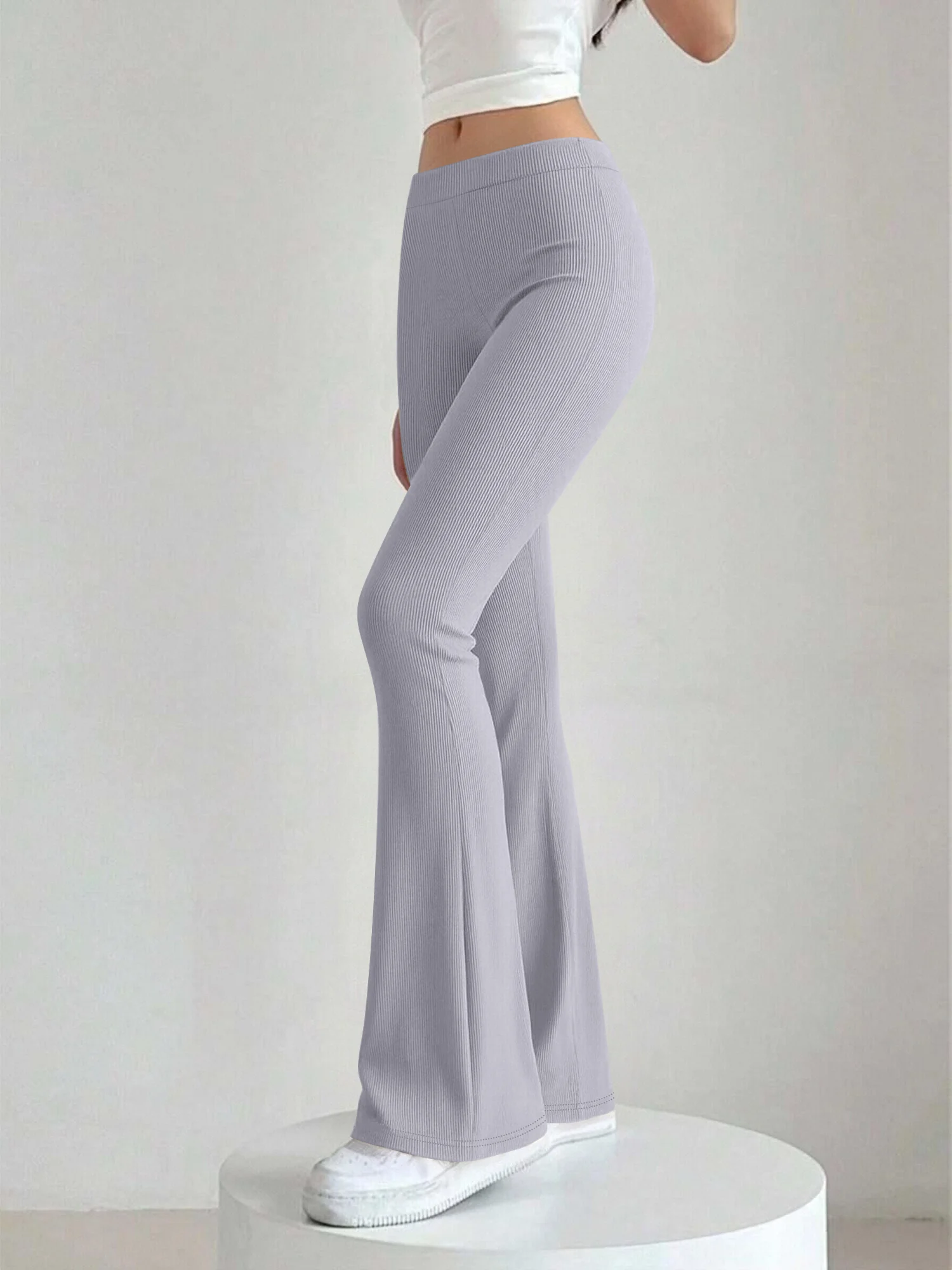 Elegant Solid Ribbed Flare Trousers for Women, High Waist Stretch Slim Bell Pants, Simple Solid Tone for Easy Top Matching