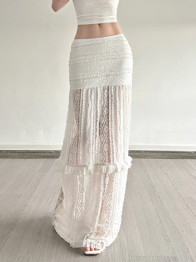 

Weird Puss Pure Color Lace Embroidery f Skirt Women's Faion Low Waist Slimming Sexy Butt Covering Skirt Polyester Spandex