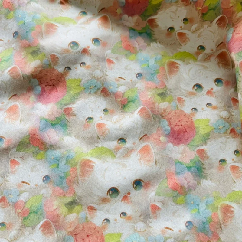 140x50cm Small White Cat Multi-Specification Cotton Sewing Fabric, Making Coat Vest Coat Bag Handmade Sewing Cloth