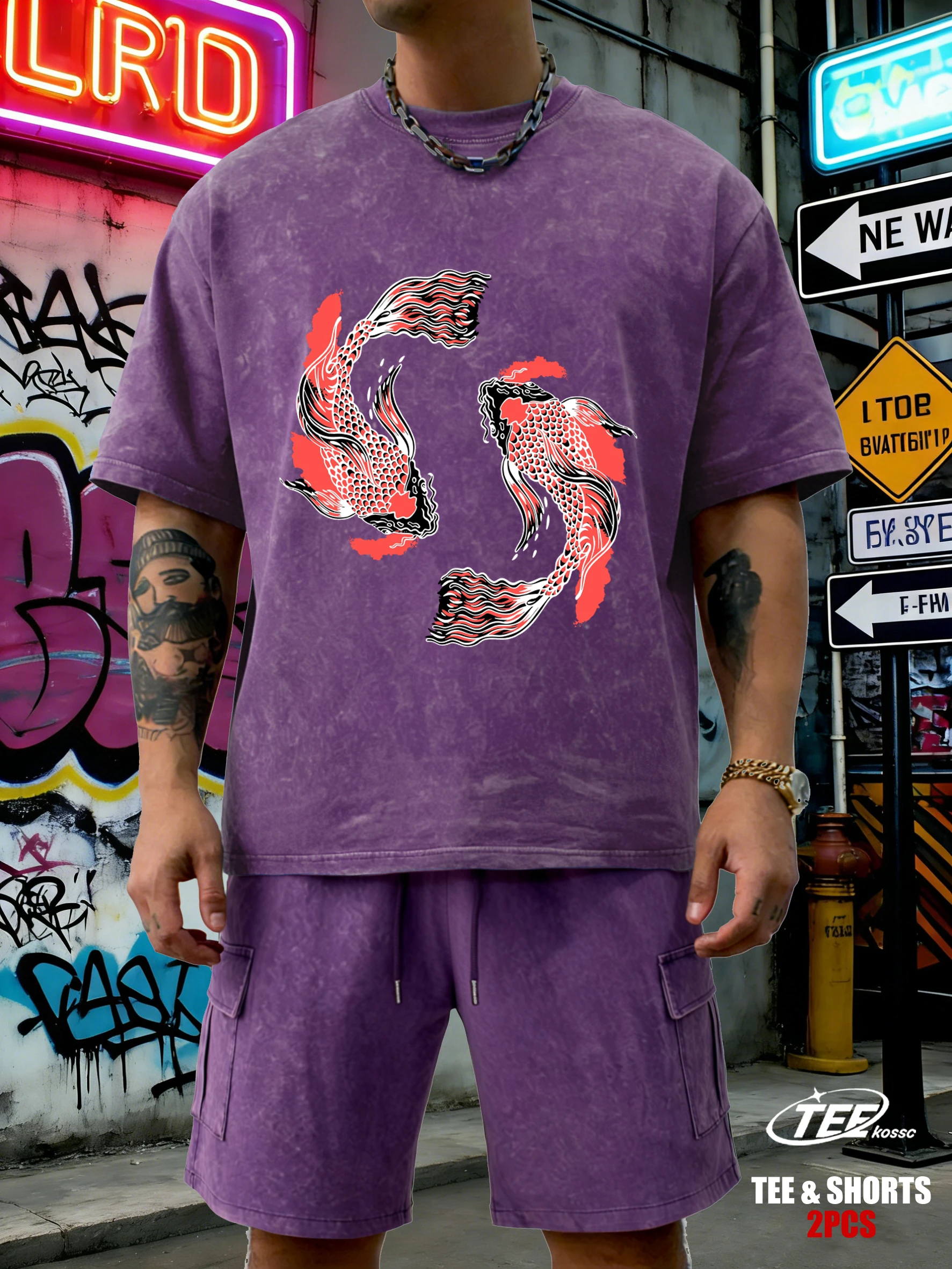 

Японские футболки Harajuku Soaring Koi Snow Wash для мужчин, летняя универсальная одежда с круглым вырезом, мягкий хлопковый топ, модный комплект унисекс с шортами