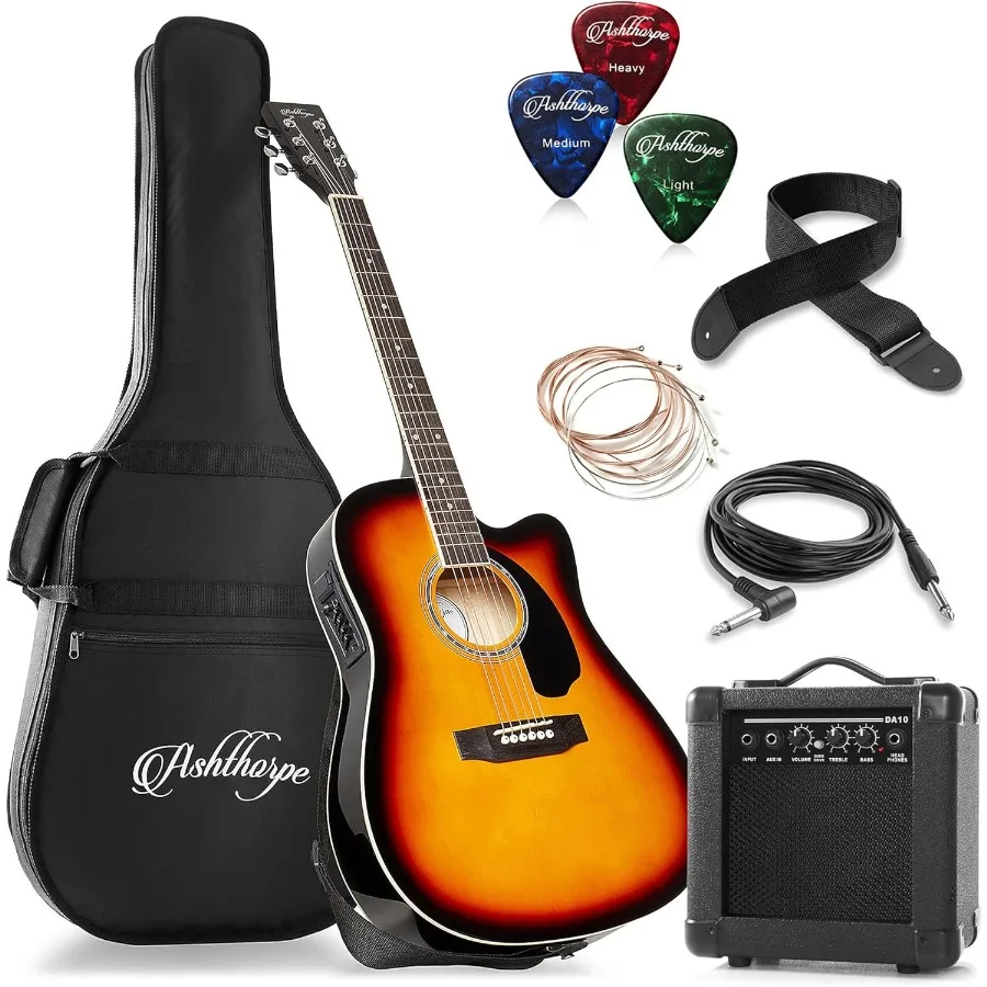 حزمة جيتار كهربائي صوتي رفيع الحجم بالكامل مع 10 وات أمبير للأداء المباشر والتسجيل المنزلي Sunburst F