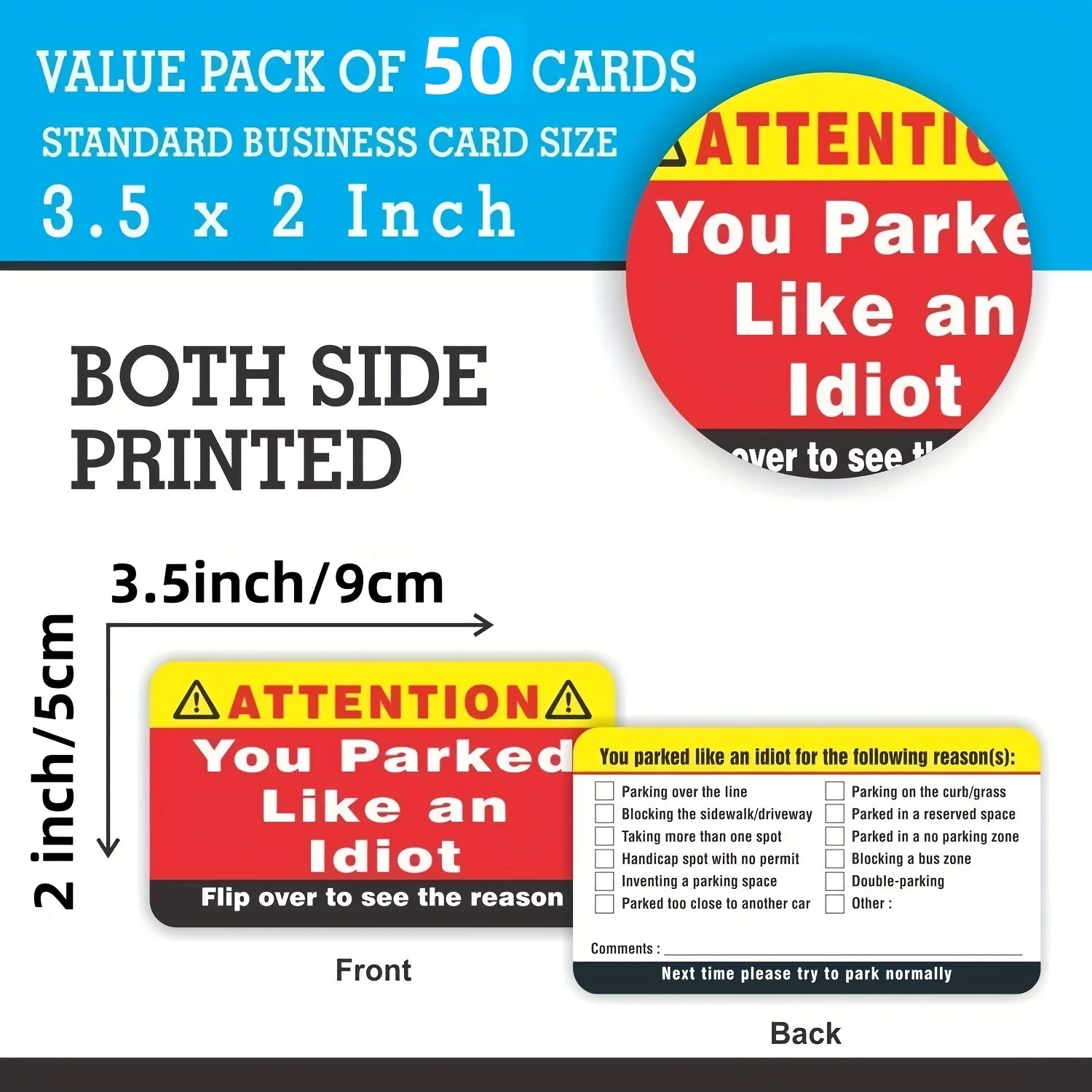 You Park Like an Idiot Business Cards (Pack of 50) Bad Parking Cards Multiple Reason Violation Adult Sock Stuffer