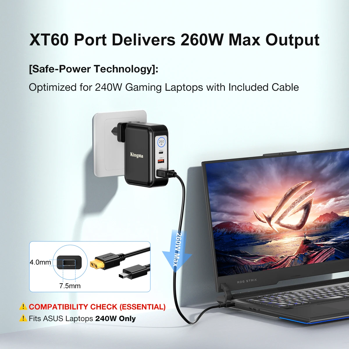 240W GaN Laptop Charger For ASUS ROG Zephyrus G16 G14 GU605 GA403,TUF Gaming A16,ROG Flow Z13 ProArt PX13 P16 260W Power Adapter