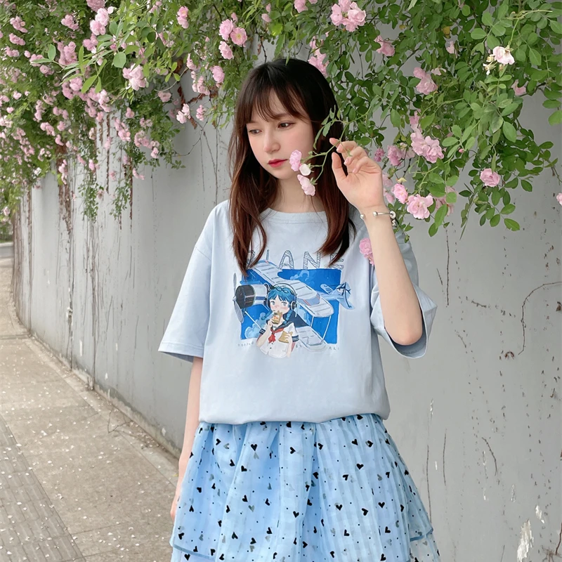 Original Mysterious Rabbit Girl Summer Navigation Print T-Shirt Loose Versatile Cotton Short Sleeve Cute Retro Commute Style