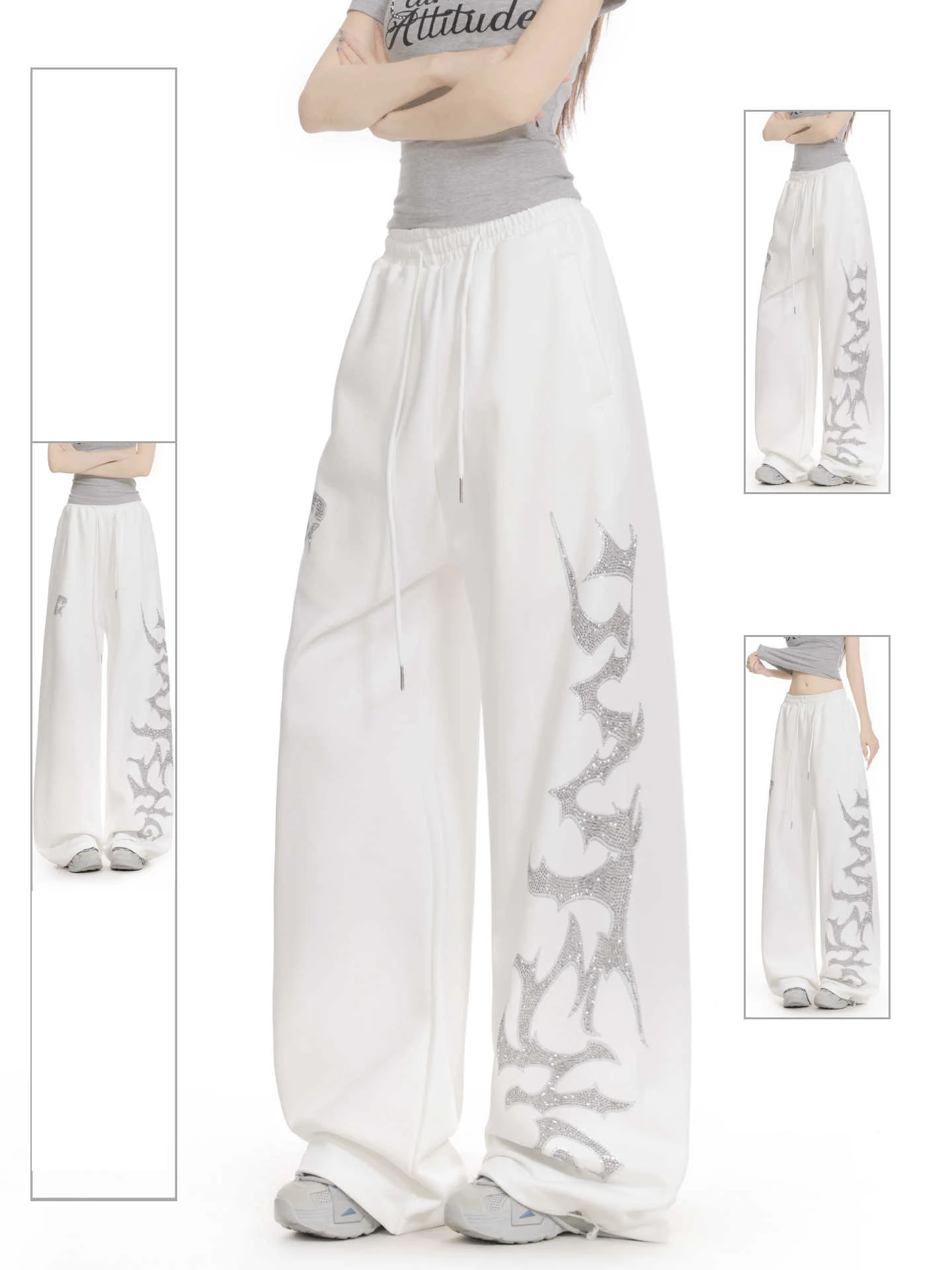 

Loose Fit American Street Vibe Rhinestone Casual Sweatpants Jazz Dance Pants Women's Sle Relaxed Feel Straight Leg Long Tro...