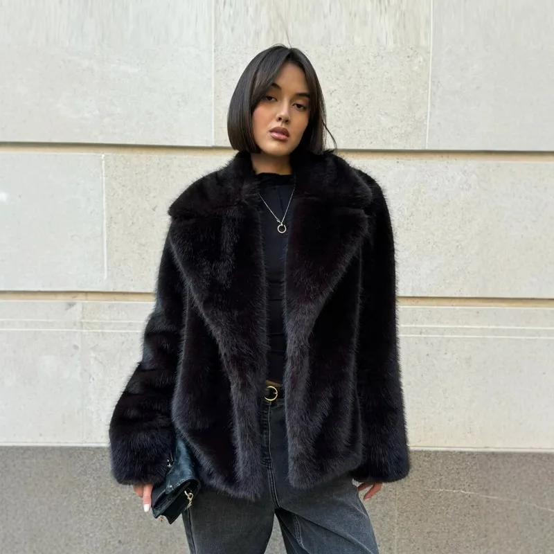 2026 Fashion Black Fox Fur Coat Women's Winter Faux Fur Short Jacket Big-turndown Collar Loose Tops Streetwear Female Fur Coats