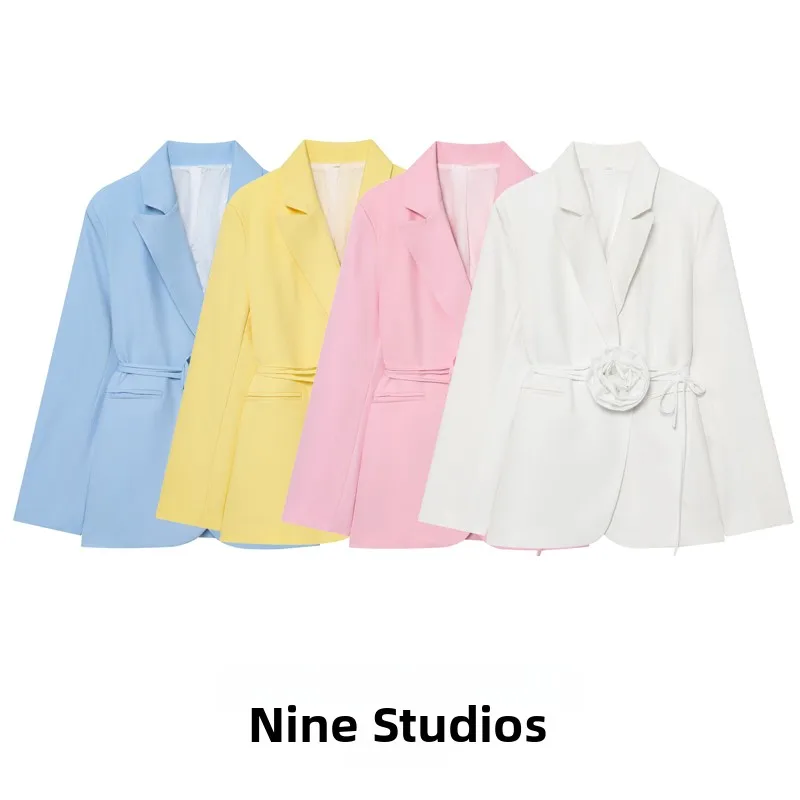 Elegant Loose Suit Jacket with Waist-Cinching Sash And 3D Flower Design for Women by NINE ZAR Winter 2026 Polyester Fabric
