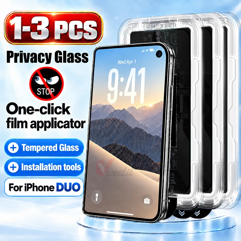 1-3pcs Dust Free Easy Install Privacy Protective Glass For iPhone DUO Anti Spy Screen Protector With Alignment Mounting Cover