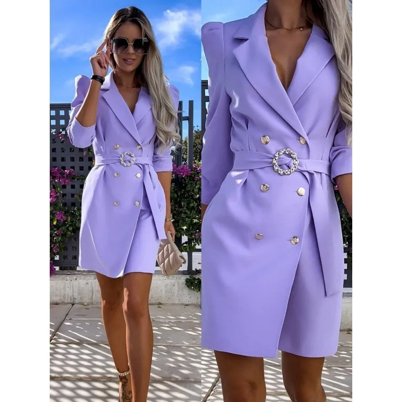 Fashionable Women\'s New Suit Jacket Dress With Double Breasted Buttons And Belt V-neck A-line Skirt Solid Color Office Women