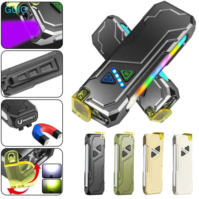 新しいミニコンパクトrgb多機能懐中電灯ポケットワークライトusb充電式トーチマグネットクリップ付き屋外ポータブルランテ