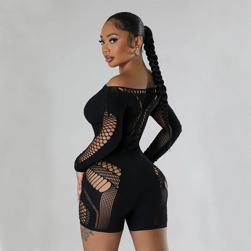 One Piece Womens Overalls Knit Hollow See Through Off Shoulder Summer Bodysuit Female Jumpsuit Woman Clothing Baddie Outfits