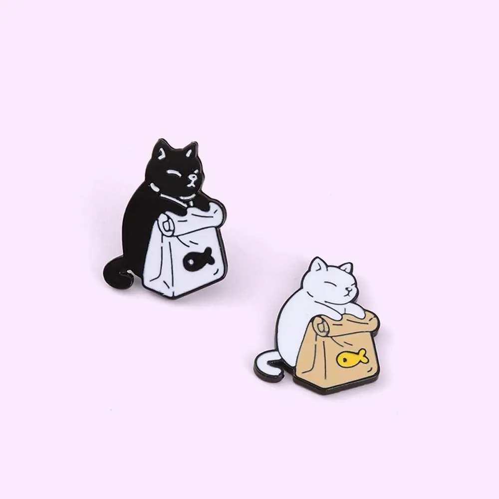 

Cute Gift For Women Men Black White Cats Badge Pin Feed Myself Dried Fish Enamel Pin Brooches Pin Lapel Brooch Cat Brooch