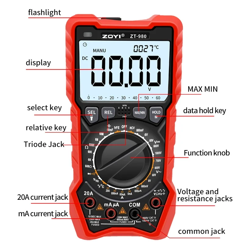 ZOYI ZT-980 Digital Multimeter 6000 AC/DC Votage Current Automatic Tester NCV Detector Resistance Ohm Ammeter Capacitance Meter