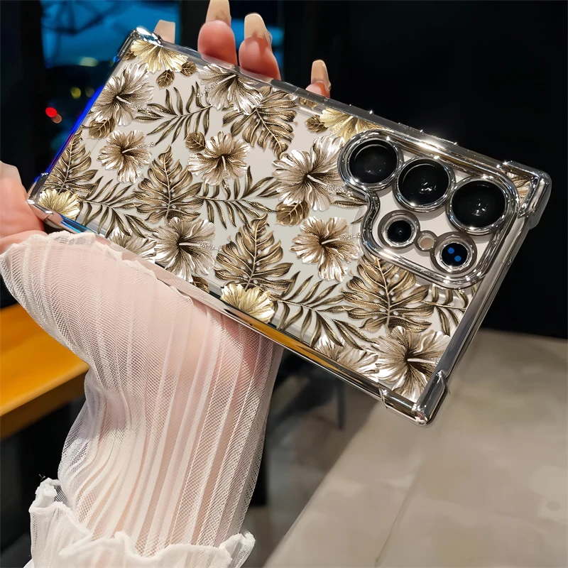 A07 4G Flower Print Phone Case For Samsung Galaxy A05 A04S A04E A03 Core A02S A06 5G Silicone Shockproof Plating TPU Soft Cover