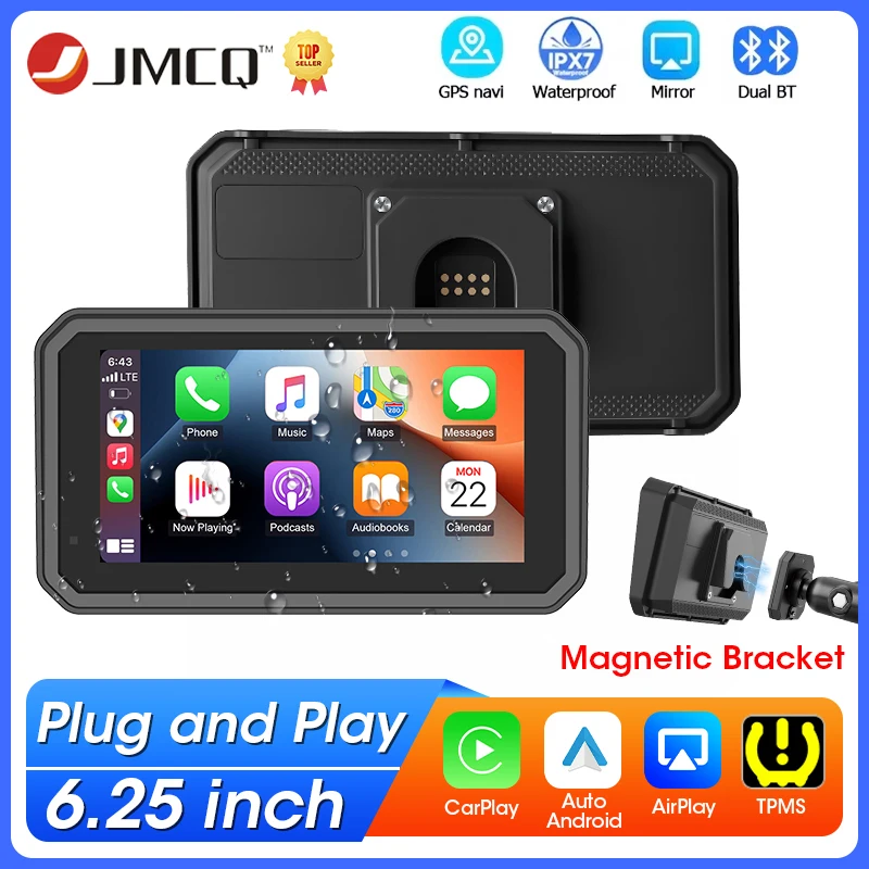 

6.25" Motorcycle Carplay Multimedia Player Motobike Android Auto GPS Navigation Helmet Bluetooth Moto Monitor Magnetic Mount