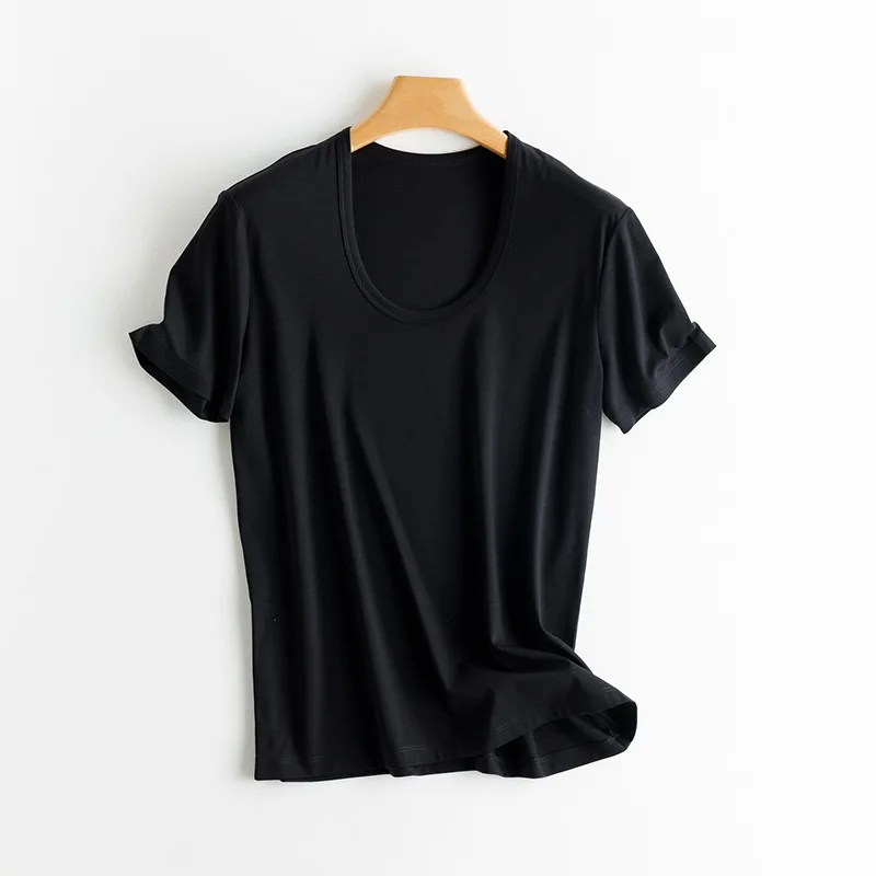 SuyaDream, Women Solid T Shirts, Silk Cotton Blend, Square Collar, Short Sleeved Tee, 2025 Summer Candy Colors Basic Cozy Top