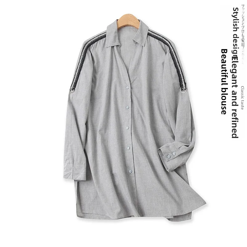 

Gray Shirt Spring Summer New Women's Casual Button Color Block Long Sleeve Shirt Slimming Splice Pure Color Versatile Loose Fit