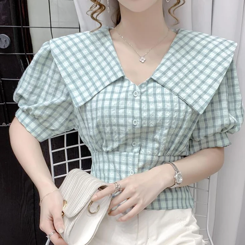 Sweet Plaid Short Shirt Tops Summer New Short Sleeve Slim Youth All-match Fashion Blouse Elegant Temperament Women Clothing