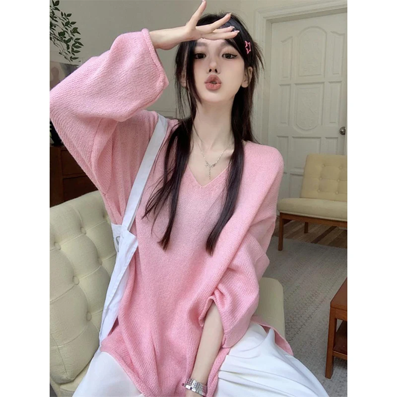 Fashion V-neck Long Sleeve Sweater Women Autumn Winter Loose Solid Color Knitwear Tops Sweet All-match Knitting Bottoming Shirt