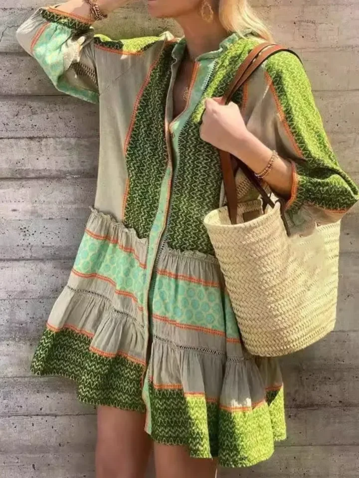 Boho Print Dress Lady Casual Tre Quarti Ruffles Mini abiti larghi per le donne Vacanza di moda Abbigliamento donna Estate Nuovo 2025