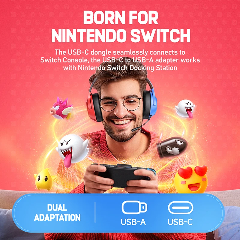 CINPUSEN Wireless Gaming Headset, 3-Mode 25ms Low Latency, 80H Playtime, Protein Earcups for Nintendo Switch