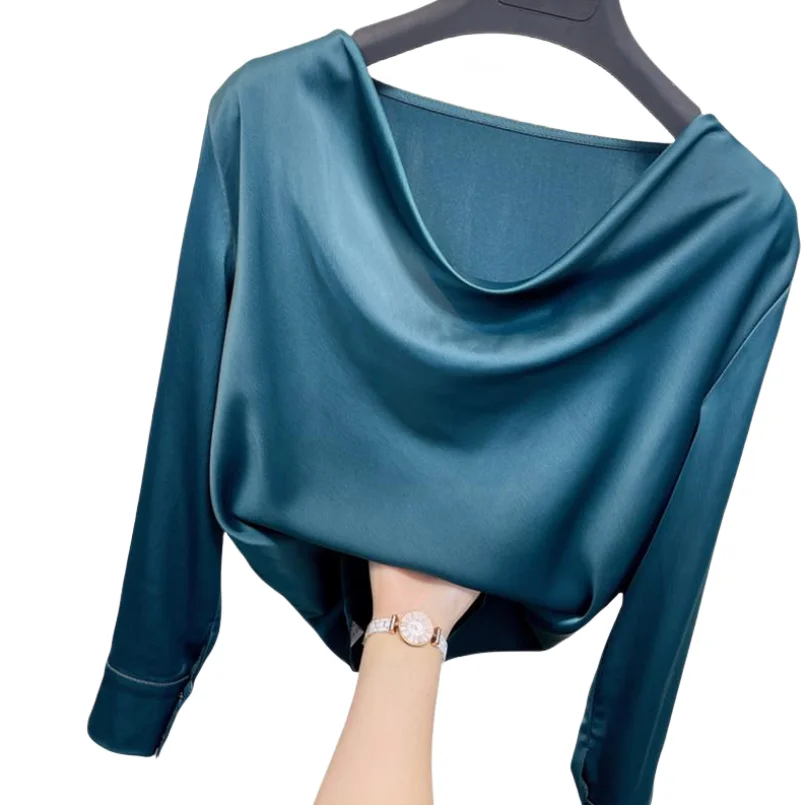

Блузка из искусственного шелка с длинными рукавами, элегантная ацетатная атласная винтажная рубашка с воротником-стойкой, в Корейском стиле, весна-осень