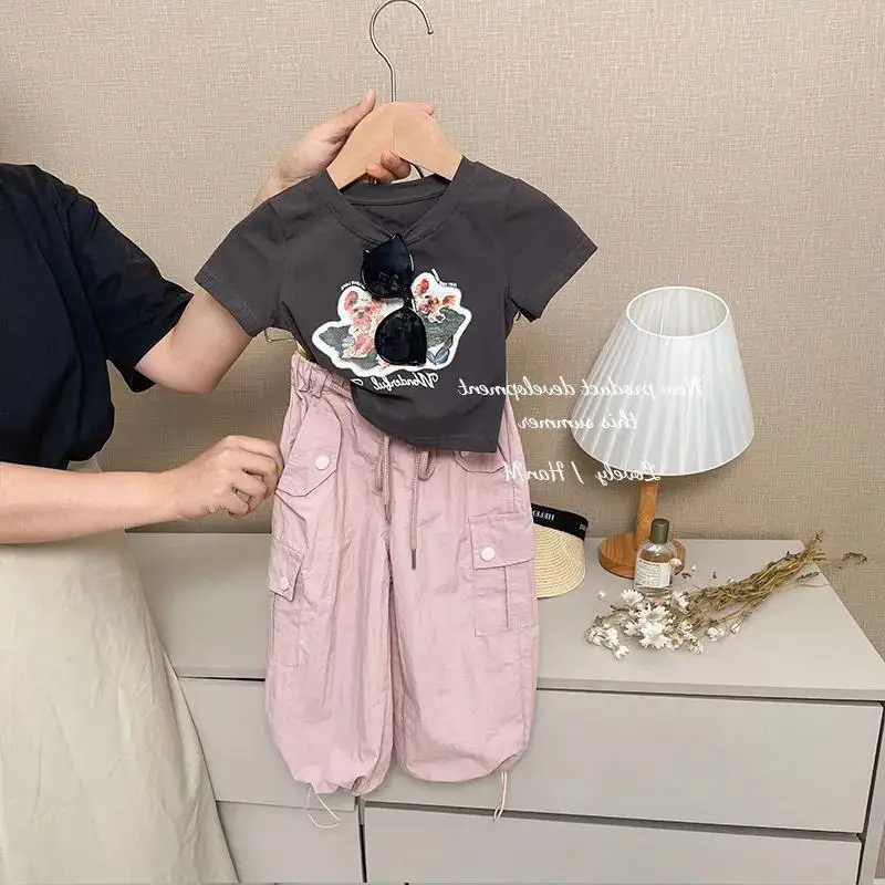 

Girls' Summer Clothing Set New Children's Short Sleeve T-shirt+Cargo Pants Stylish Two Piece Set