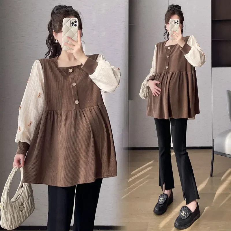 

2024 Spring Fashion Patchwork Maternity Blouses Sweet A Line Loose Shirts Clothes for Pregnant Women Casual Pregnancy Tops Tees