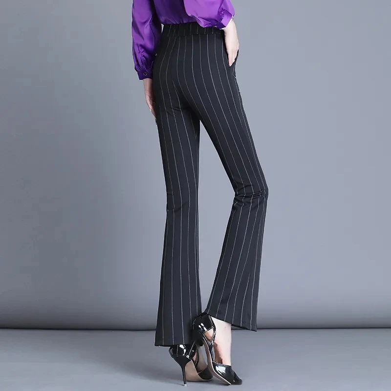 Slim High Waist Flare Pants Mom Formal Stretch Suit Pantalones Office Women New Stripe Spodnie Ankle-length Trousers Summer