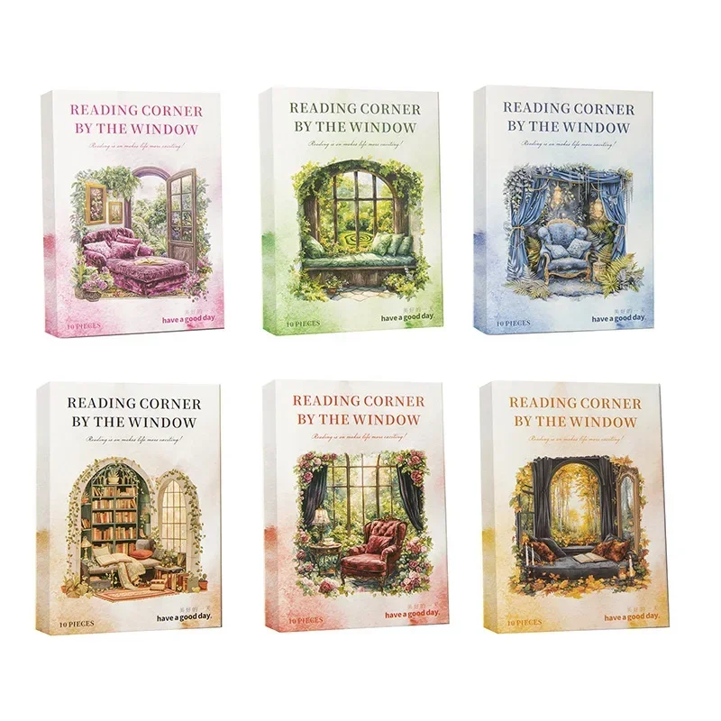 10 Pcs Light Vintage Stationery Window Reading Corner Series PET Sticker Pack Maple Leaf Rhythm Book Window View Theme 141*90mm