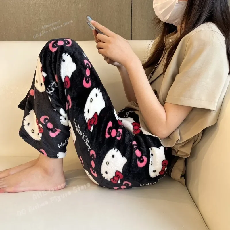 Sanrio New Anime Hello Kitty Pajama Pants Black Pink Flannel Ladies Fall/Winter Warm Wool White Cartoon Casual Fashion Pants