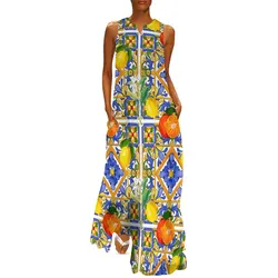 Retro  Fruit Print Dress Citrus And Lemons Sexy Maxi Dress Street Style Casual Long Dresses Womens Sleeveless Design Vestido