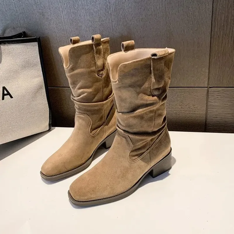 Women's ort Western Cowboy Boots Chunky Heel Mid-Calf Pile Booties Woman 2026 New Autumn Winter Korean Fashion Boots
