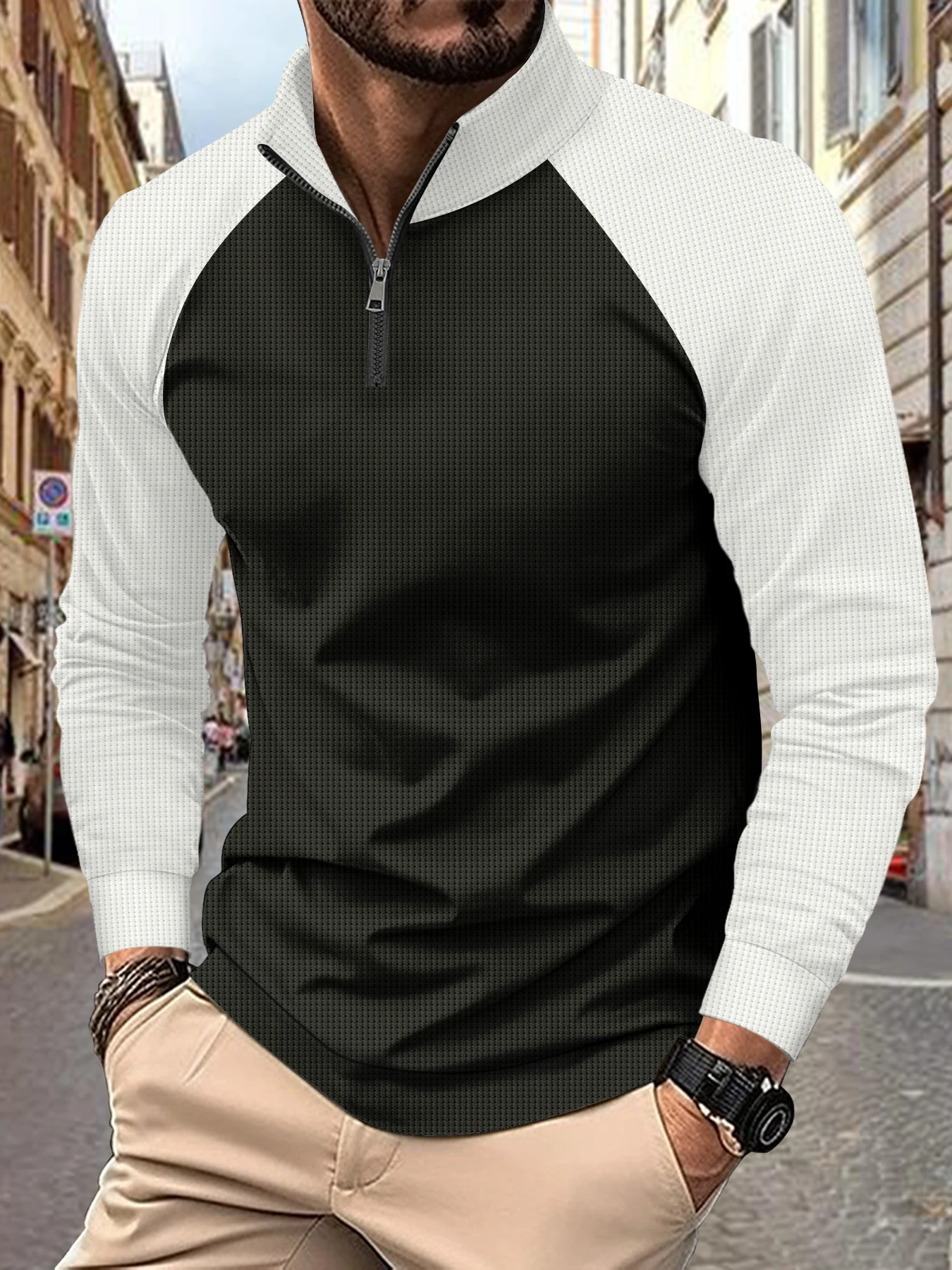 

Men's POLO Shirt Long Sleeve Trend New Breathable 3D Splicing Printed Business Fashion Street Stand Half-zip Stand Collar Tops