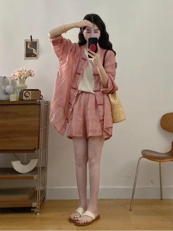 

Faionable Casual Pink Sun Protection irt And Wide Leg orts Two Piece Set New Chinese Sle National Trend Summer Outfit