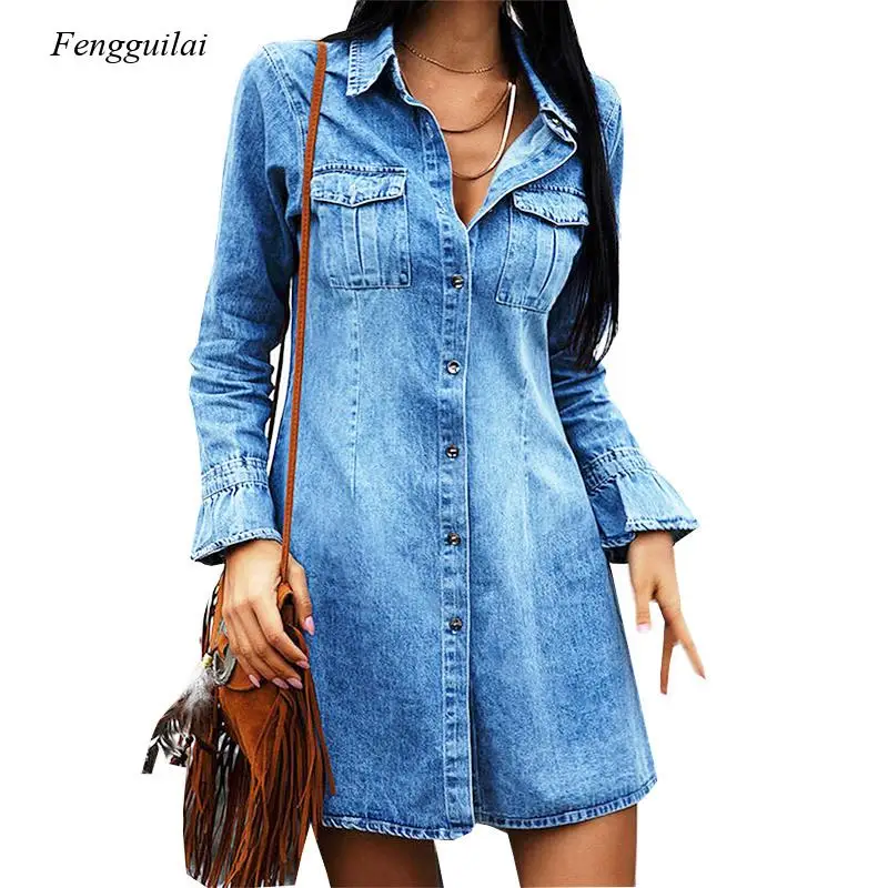 Denim Shirt Dress Long Sleeve 2022 Fashion Casual Midi Dress Women Blue Clothing Female Clothes Robe Femme Vestido De Mujer Xl